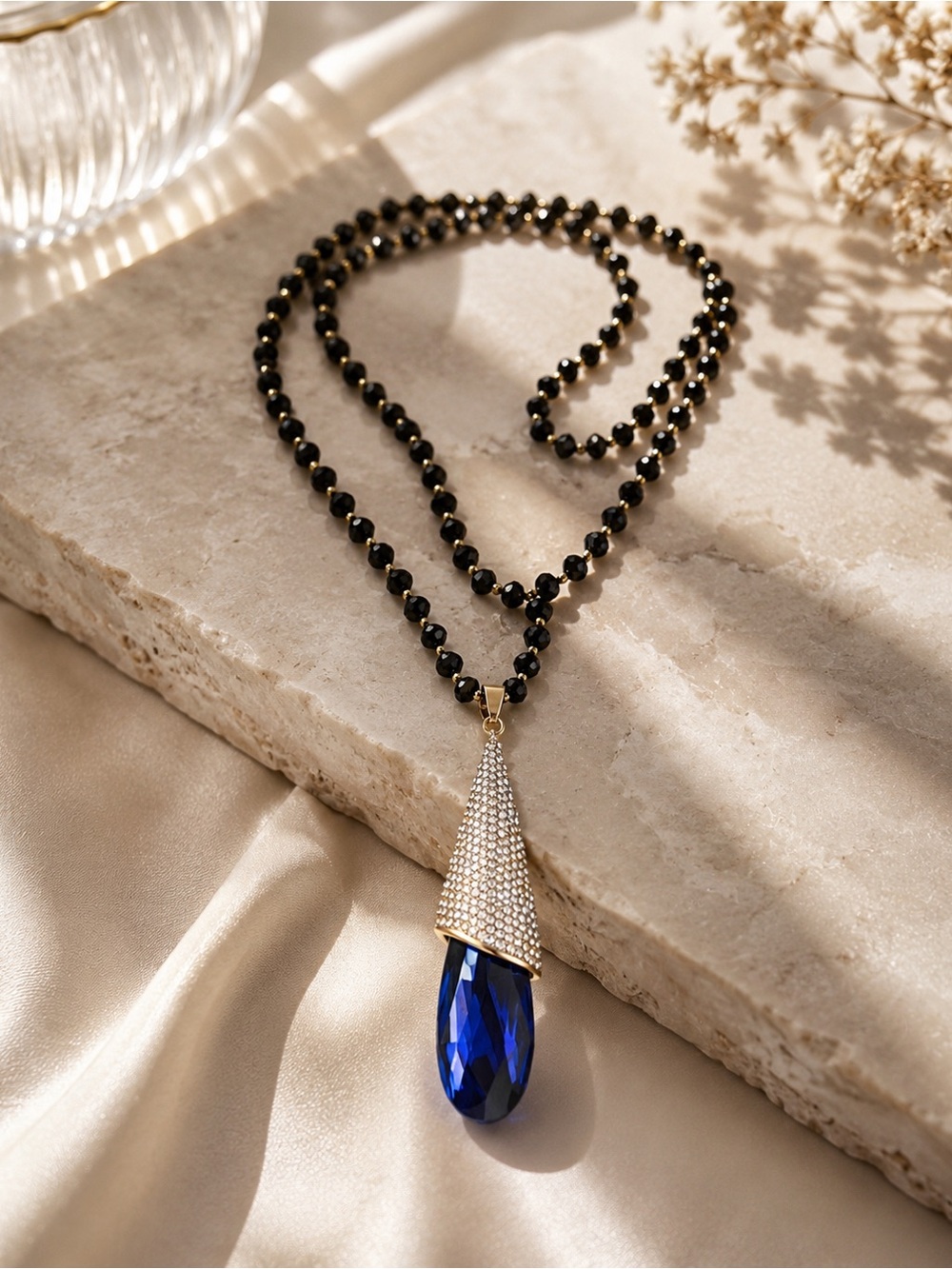 Black Beaded Blue Crystal Teardrop Pendant Statement Necklace NWT